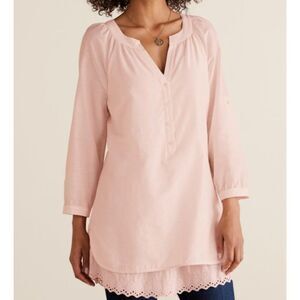 Soft Surroundings Silk Tunic Gathered Popover‎ Eyelet Lace Roll Tab Sleeves Med